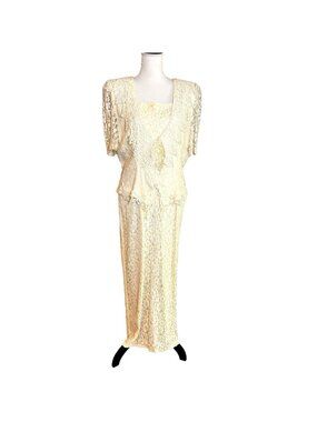 Vintage 90s Celavie Lace Overlay Maxi Dress Ivory Beaded Mother Bride Formal XL
